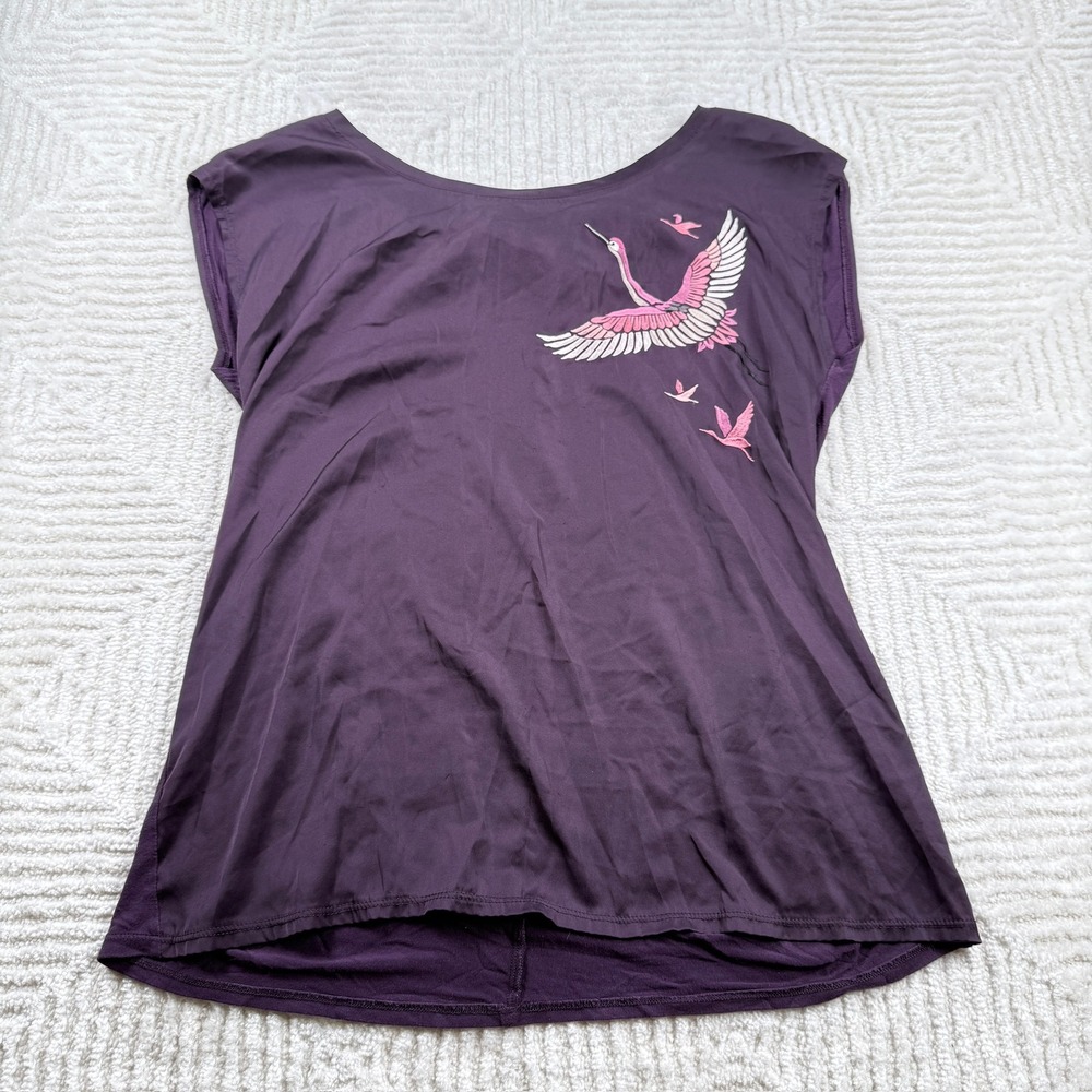 Reitmans Top Women's S Purple Crane Bird Print Cap Sleeve V Neck Artsy Quirky